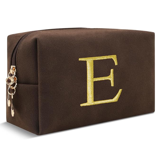 Personalized Initial Makeup Bag,Preppy Suede Cosmetic Bag for Teen Girls,Small Monogram Travel Toiletry Bag With Gold Embroidered Letter,Trendy Stuff Custom Christmas Gift for Women(Coffee-E)