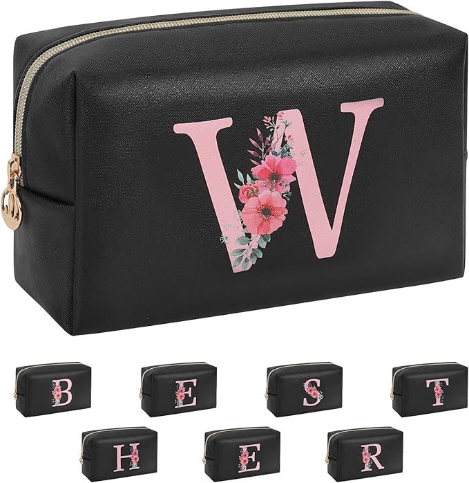 Personalized Initial Makeup Bag, Birthday Gifts for Women and Girls, Small Makeup Pouch Travel Toiletry Bag, Make Up Organizer Bag Gift Trendy Stuff for Friend Mom Teacher, Black