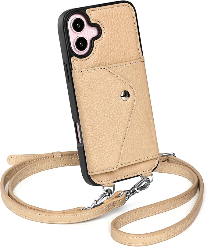 LUCKYCOIN Crossbody Wallet Phone Case for iPhone 16 Plus,100% Genuine Leather Wallet Phone Case with Expandable Flip Card Holder,Phone Purse for Women with Adjustable Removable Strap - Pebble Beige