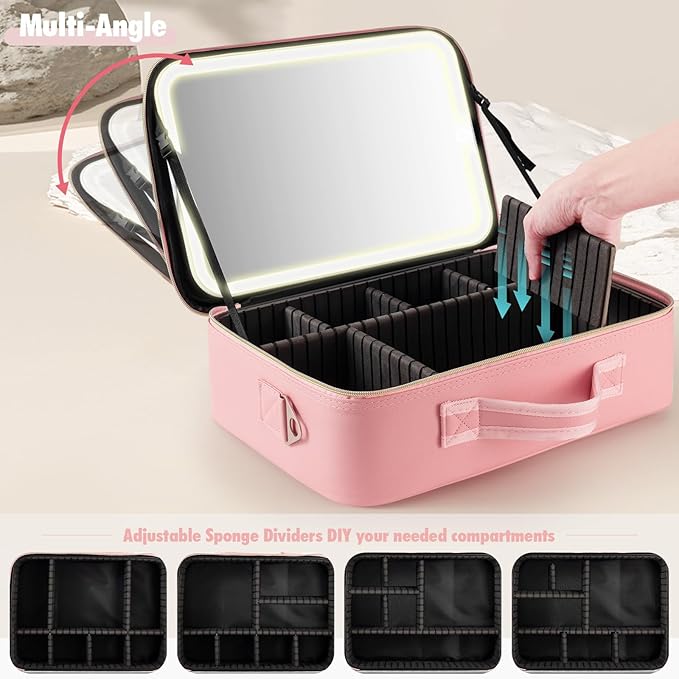 15''X11'' Makeup Bag with Removeable Lighted Mirror, Travel Makeup Case with 3 Color Lights Dimmable Brightness, Large Capacity Cosmetic Organizer Case with Detachable Dividers & Shoulder Strap