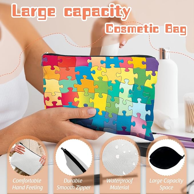 Makeup Bag Travel Cosmetic Bags Small Makeup Case Waterproof Zipper Pouch for Women Girls 7X9inches - Colorful Puzzle Pieces Pattern