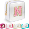 Mini Clear Personalized Initial Makeup Bag,Nylon Preppy A-Z Chenille Letter Patch Zipper Cosmetic Bag, Small Cute Beach Pouch Travel Purse Sanitary Napkin Storage Bag for Women Girls(White-Pink N)
