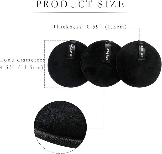Vtrem 3 PCs Makeup Remover Pads: Reusable Soft Facial Cleaning Puffs Towels Christmas gifts Washable Make Up Removing Cloth Microfiber Multi-function, Black