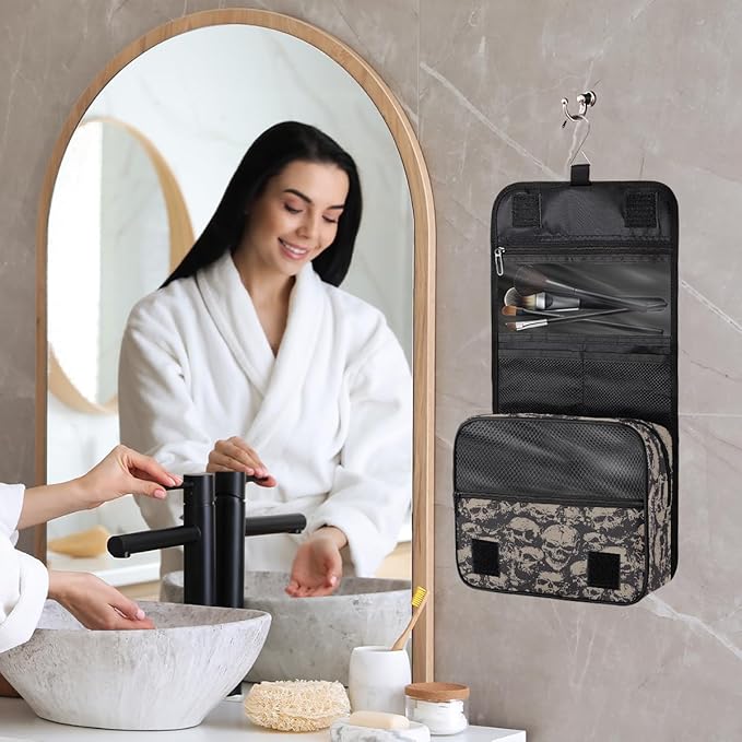 Travel Toiletry Bag for Women & Men Bohemian Skull Cool Hanging Cosmetic Organizer Portable Waterproof Makeup Case Make Up Bag with Compartments Travel Essentials for Bathroom Shower