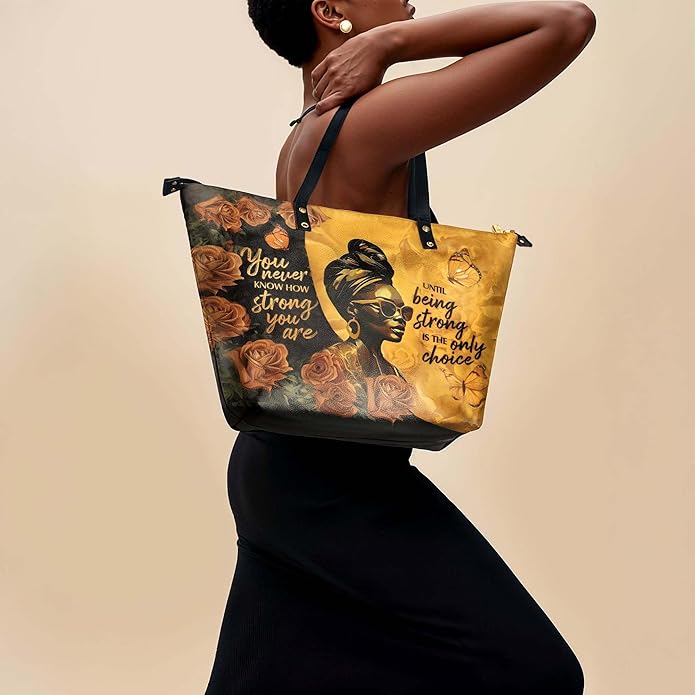 African Black Women's Leather Tote Bag, Large, Premium Vegan Leather, Full Zip, Perfect Christmas Gifts For Women