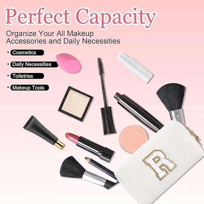 Small Personalized Letter Makeup Bag, White, PU Leather, Waterproof, Zipper, Women's Cosmetic Case