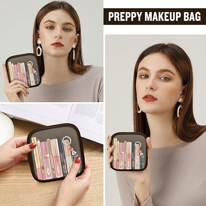 Nylon Mini Clear Makeup Organizer Bag for Purse, Small Cute Black Makeup Bag Preppy Cosmetic Zipper Pouch Purse, Waterproof Travel Coin Pouch Sanitary Napkin Storage Bag Clutch for Women Girls(Brown)
