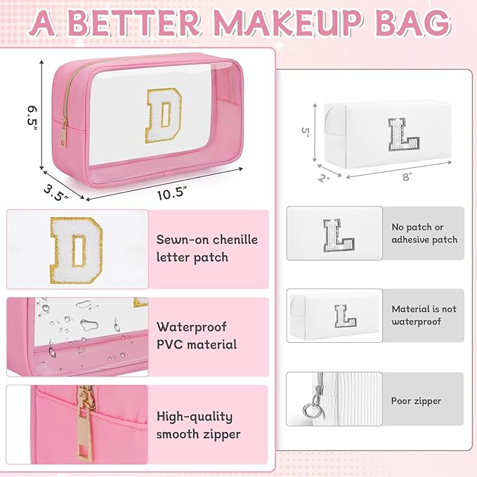 Personalized Initial Clear Makeup Bag, Travel Chenille Patch Cosmetic Bag, Preppy Toiletry Bag Monogram Cosmetic Pouch with Zipper, Ideal Gift for Teen Girls Women (Clear-Pink, D)