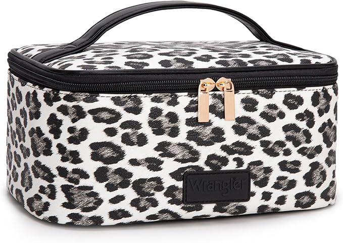 Montana West X Wrangler Travel Makeup Bag 2pcs Set Large Cosmetic Bag with Makeup Brush Holder Portable Make Up Organizer Cute Toiletry Bag with Divider and Handle for Women Leopard