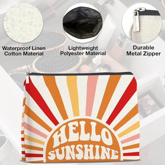 Inspirational Gifts Hello Sunshine Makeup Bag, Positve Gifts for Women, Boho Sunrise Sunshine Zipper Makeup Pouch