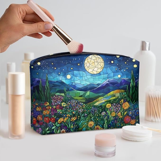 COEQINE Ladies Leather Cosmetic Purse Trend Women Travel Make Up Bag Organizer Bag for Women Trend Casual Bag Party Purse,Blue Starry Sky Art Print Easy To Clean