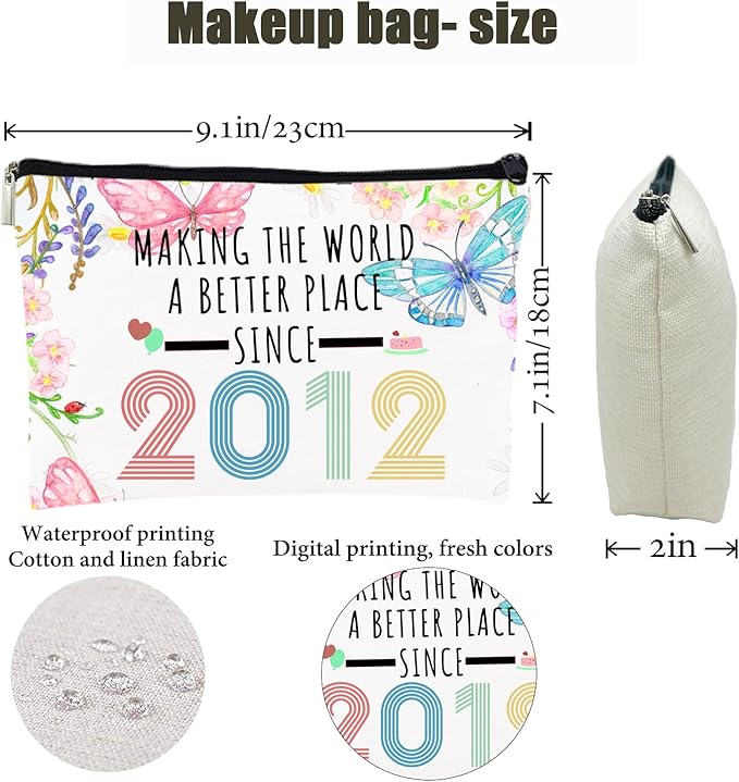 13th Birthday Makeup Bag, Multicolor Butterfly Flower Cosmetic Case for Girls, Travel Size, Zipper Closure