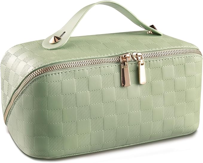 Abiudeng Travel Makeup Bag,Large Capacity Cosmetic Bags Toiletry Bag for Travel Essentials,Waterproof Portable Pouch Open Flat Makeup bag Organizer with Divider and Handle(Checkered-Green)