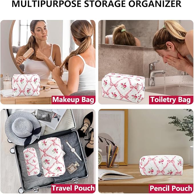 2Pcs Cotton Quilted Makeup Bag for Women Girls Coquette Cosmetic Bag Cute Zipper Pink Bow Pencil Pouch Aesthetic Portable Travel Toiletry Bag Trendy Essentials Skincare Makeup Brush Pouch