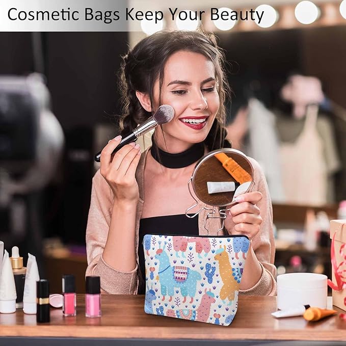 Makeup Bag For Purse Llama, Cartoon Llama Alpaca Cactus Cosmetic Bags For Women With Zipper Travel Toiletry Pouch Makeup Bags Makeup Organizers Purse For Toiletries Cosmetics