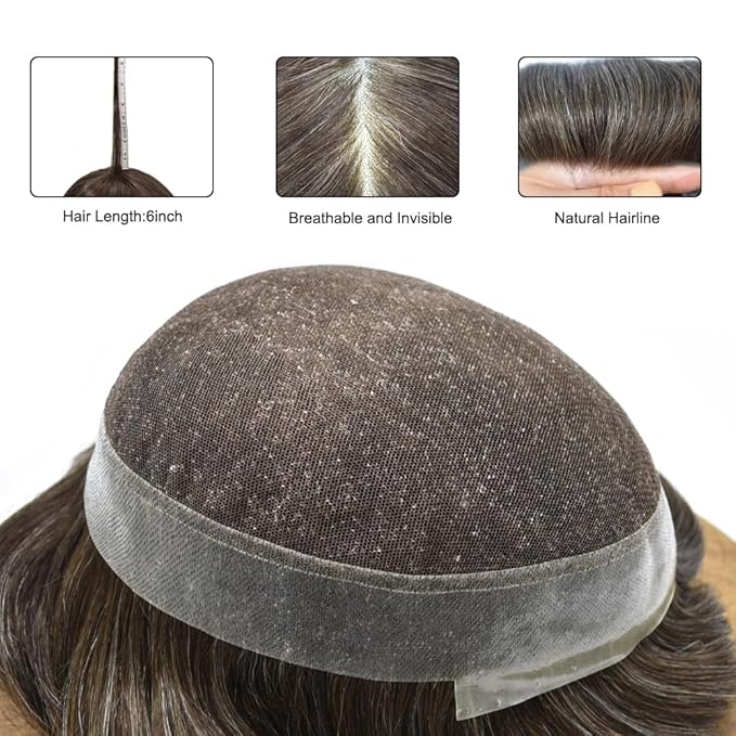 Toupee for Men French Lace Center Human Hair Replacement Systems Transparent Lace Center Hair Piece Mens Toupee Hair Units for Man V-Looped Front 8"X10" #430 4# MEDIUM BROWN WITH 30% SYNTHETIC GREY