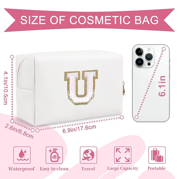 Small Personalized Initial A-Z Preppy Patch Makeup Bag,White PU Chenille Letter Travel Cosmetic Pouch with Zipper,Cute Toiletry Bag,Gift Ideal for Teen Girls Women Teacher Bridesmaid,Letter U