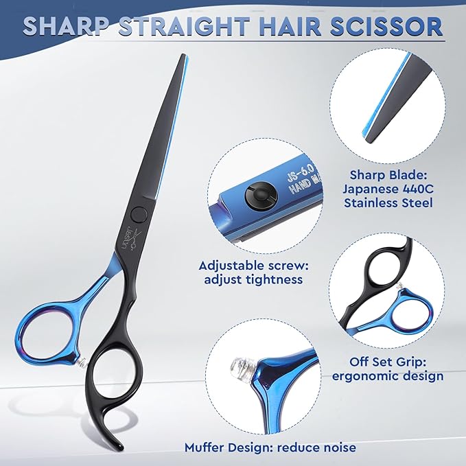 JASON Hair Cutting Scissors Kit - Professional 10 PCS Haircut Scissors Set with 6.7" Thinning/Texturizing Scissors, Straight Shears for Men Women Home Salon Barber (30 Teeth, Black & Blue) Christmas