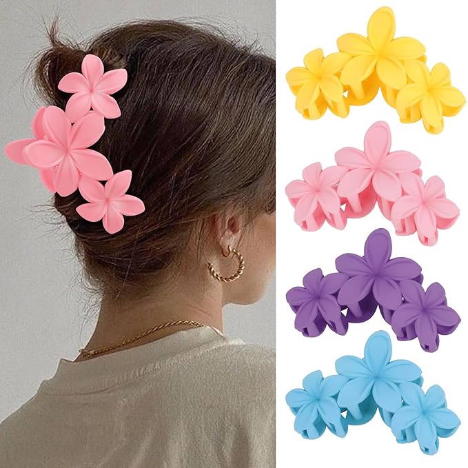 Hawaiian Flower Hair Clips Large Matte Hair Claw for Women Non-Slip Strong Hold Clips for Thick Hair, Hair Accessories,Blue,Purple,Pink,Yellow