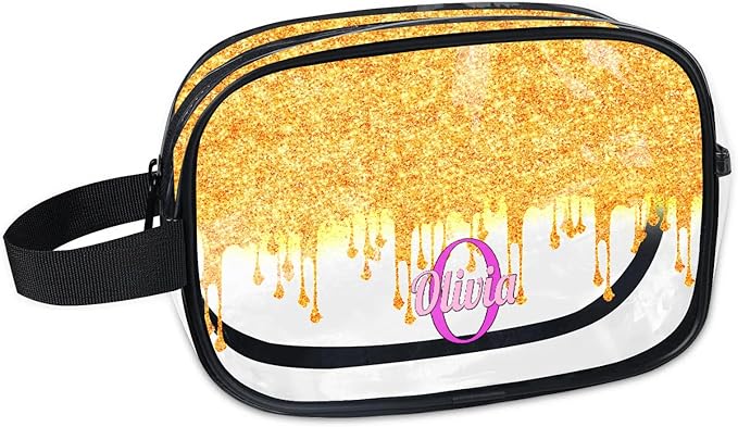 Personalized Clear Makeup Bag with Name, Best Friends Teen Women Mom Birthday Gift PVC Cosmetic Toiletry Travel Bag for Toiletries, Gold Color Bling Glittering
