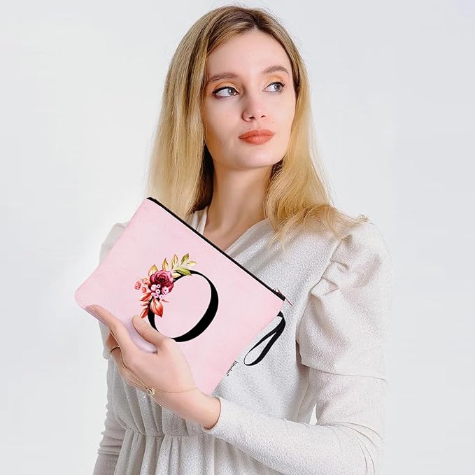 Vavabox A-Z Personalized Makeup Bag, Birthday Gifts for Women Mom, Gifts for Best Friend, Bride Bridesmaid Cosmetic bag (O, Pink)