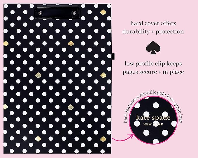 Kate Spade New York A4 Clipboard Folio with Low Profile Clip, Black Professional Padfolio Includes Lined Notepad, Pen Loop, and Pocket, Polka Dots