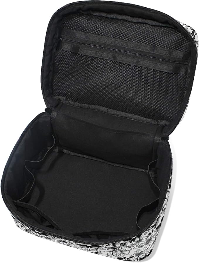 Goth Skull Makeup Bag, Gothic Skull Flowers Makeup Organizer Bags Toiletry Bag Box Travel Cosmetic Bag Make Up Train Case for Women Teen Girl Ladies