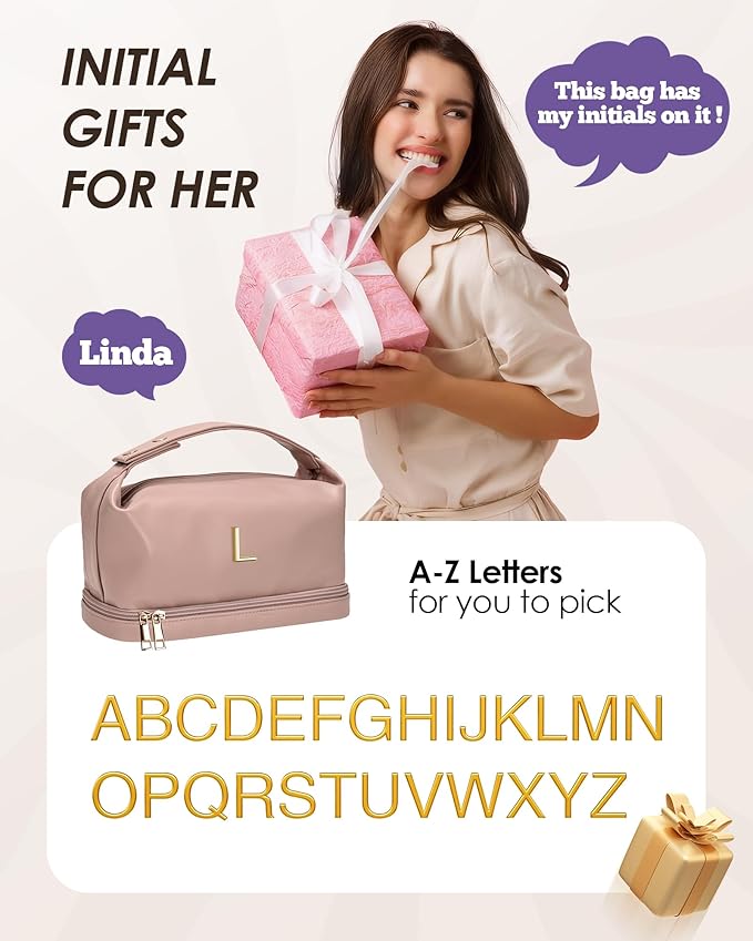 Initial Makeup Bag Personalized Bags with Handle, Friend Gifts for Women Cosmetic Bag, Mothers Birthday Gifts Leather Makeup Bags Letter Travel Toiletry Bag with Makeup Brush Organizer
