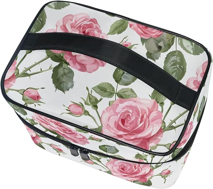 Makeup Train Case Leaves Flower Rose Pattern Carrying Portable Zip Travel Cosmetic Brush Bag Organizer Large for Women