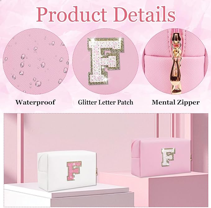 Small Personalized Glitter Initial Letter Makeup Bag, Cute PU Leather Chenille Letters Cosmetic Bag Travel Makeup Pouch, Preppy Travel Organizer Zipper Pouch for Women&Girls（Pink-F）