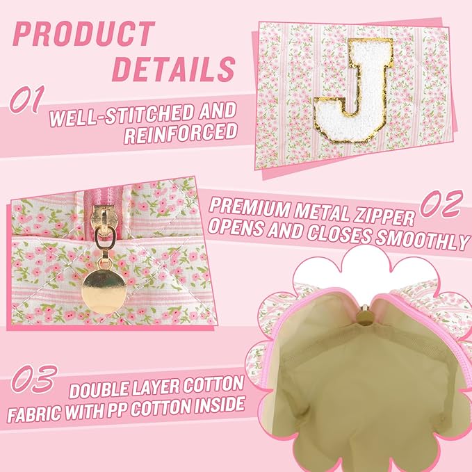 Personalized Quilted Cosmetic Bag, Puffy Monogrammed Christmas Birthday Gifts for Women & Girls, Cute initial Floral Makeup Bag Puffer Coquette Bag, Aesthetic Travel Toiletry Zipper Pouch(Pink,J)