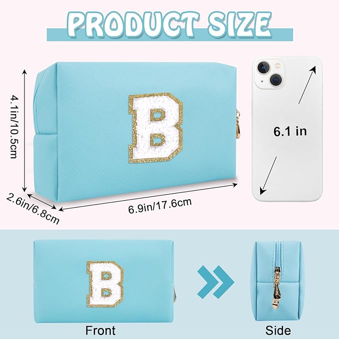 Small Initial Preppy Makeup Bag Organizer, Blue Cute Chenille Letter Make Up Cosmetic Zipper Pouch Toiletry Bags for Traveling, Waterproof PU Makeup Case Personalized Gifts for Bachelorette(Letter B)