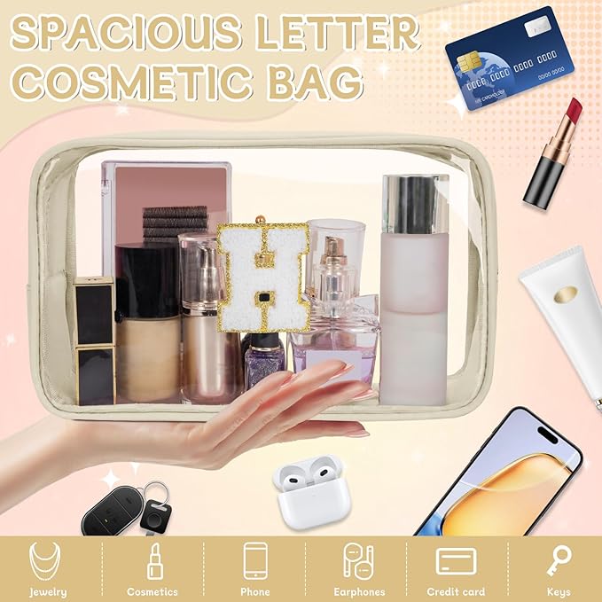 Personalized Initial Clear Makeup Bag, Travel Chenille Patch Cosmetic Bag, Preppy Toiletry Bag Monogram Cosmetic Pouch with Zipper, Ideal Gift for Teen Girls Women (Clear-Beige, H)