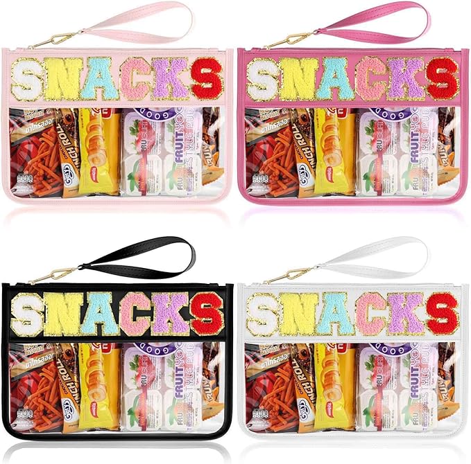 4 Piece Clear Snack Bag for Travel, Chenille Letter Zipper Pouch, Nylon Cosmetic & Makeup Bag, Waterproof Reusable Organizer for Snacks, Toiletries, School, Vacation, Glitter Patch Design