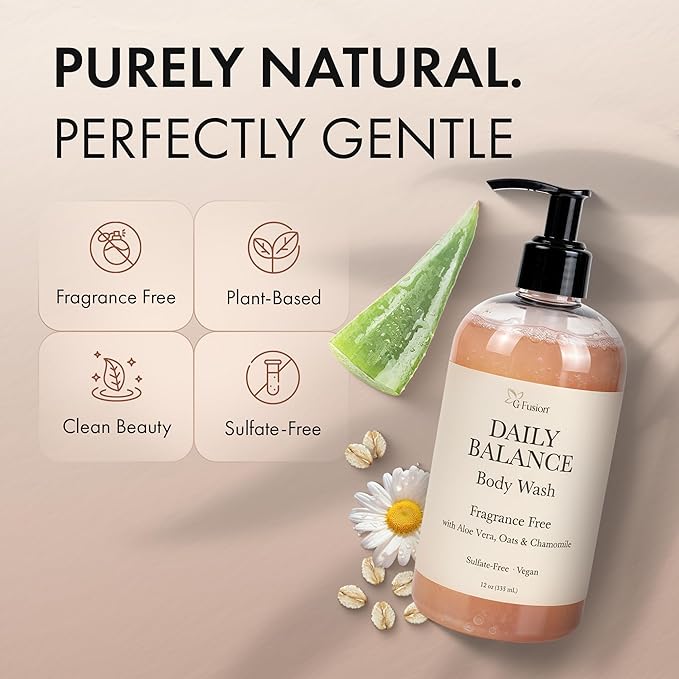Daily Balance Body Wash – Natural Fragrance Free Cleanser – Plant-Based Hydrating Shower Gel with Oatmeal, Aloe & Chamomile – Vegan, pH Balanced, Sulfate-Free Clean Beauty Care. 12 Fl Oz (355 ML)