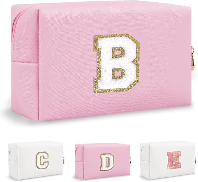Small Initial Preppy Makeup Bag Organizer, Pink Cute Chenille Letter Cosmetic Pouch with Zipper Toiletry Bags for Traveling, Waterproof PU Makeup Case Personalized Gifts for Bachelorette(Letter B)
