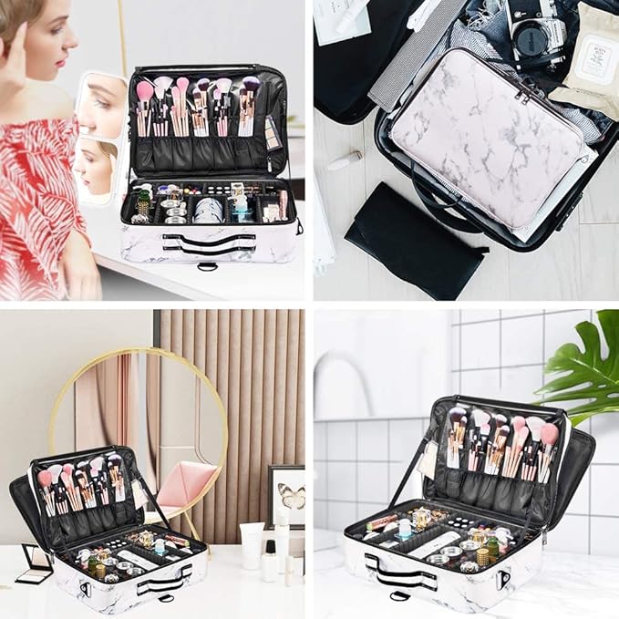Travel Makeup Bag 3 Layers PU Leather Large Makeup Train Case Professional Cosmetic Bag Organizer Storage Artist Bag with Adjustable Strap Marble Pattern