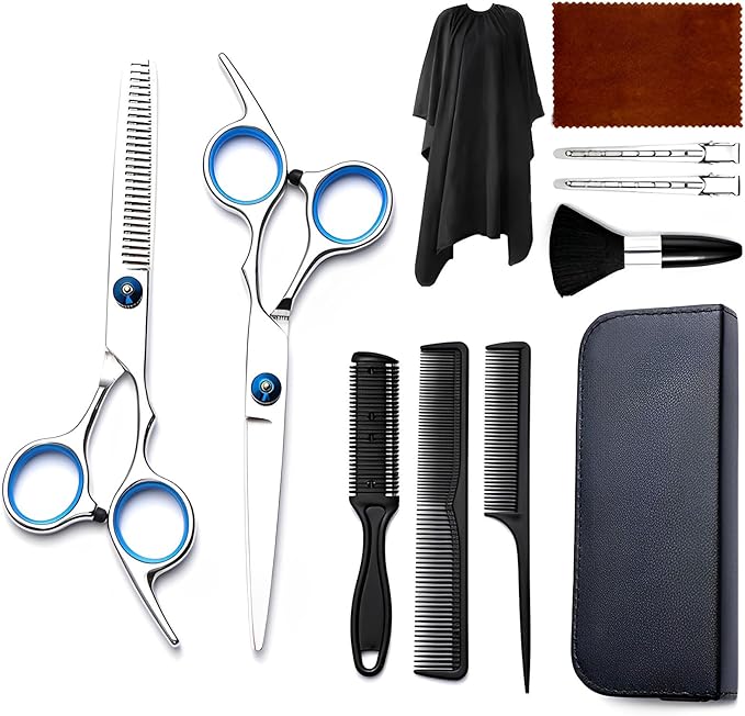 Hair Cutting Scissors Kit 11PCS, Professional Haircut Scissors with Japanese Stainless Steel Shears, Thinning Shears, Haircut Accessories in Leather Case for Salon/Home (Silver)