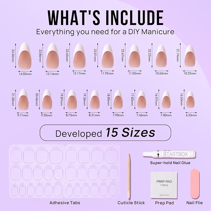BTArtbox French Tip Press On Nails - Medium Press On Nails Almond, Natural Fake Nail with Nail Glue, Brown Glue On Nails in 15 Sizes - 30 Fake Nails Kit, Capable