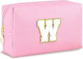 Initial Makeup Bag Personalized Preppy Travel Small Cosmetic Bag Cute PU Pink Chenille Letter Makeup Pouch for Purse Waterproof Zippered Toiletry Organizer for Women Girls Kids Friends (W)