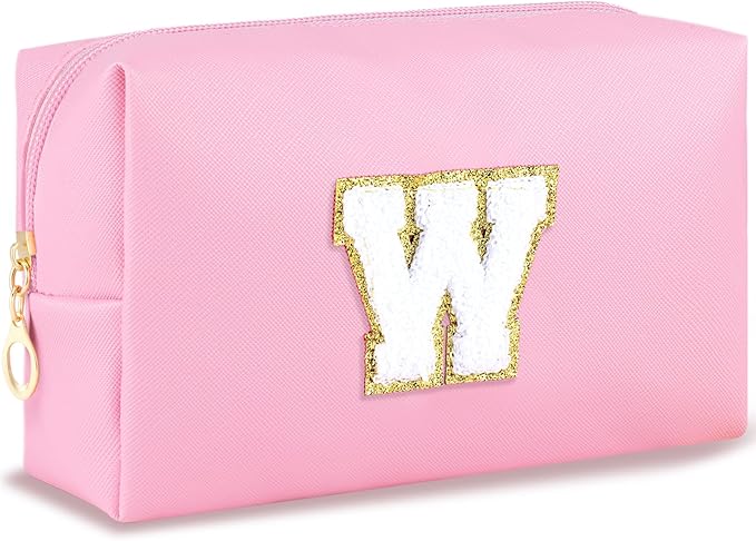 Initial Makeup Bag Personalized Preppy Travel Small Cosmetic Bag Cute PU Pink Chenille Letter Makeup Pouch for Purse Waterproof Zippered Toiletry Organizer for Women Girls Kids Friends (W)