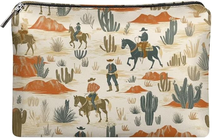 COEQINE Leather Cosmetic Purses for Women Western Purse Aztec Cltuch Wallet Travel Makeup Bag With Zipper Portable Cosmetic Pouch for Ladies Cell Phone Case,Cactus Race Horse Pattern