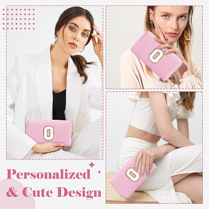 Personalized Initial A-Z Preppy Patch Makeup Bag,Small PU Chenille Letter Cosmetic Bag with Zipper for Teen Girls,Pink Cute Toiletry Organizer Bag,Monogram Makeup Case Gift for Women Girls,Letter O