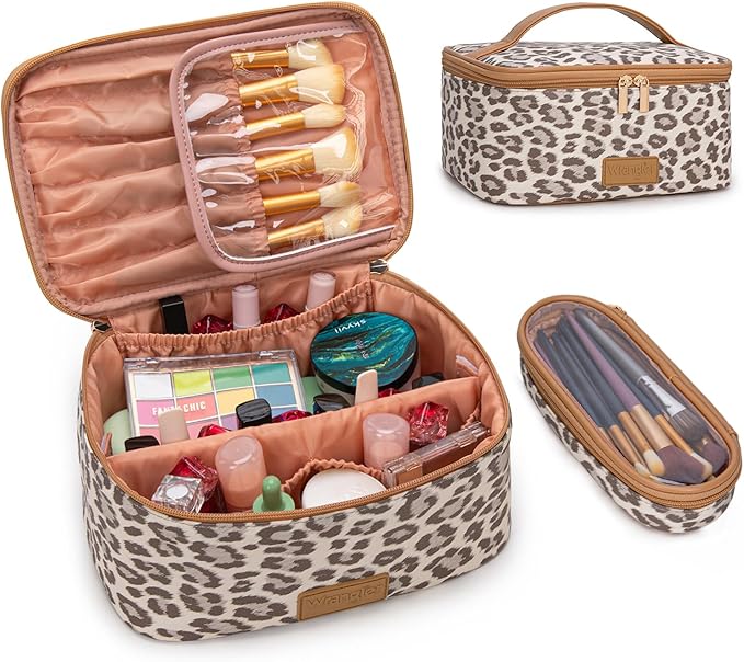 Montana West X Wrangler Travel Makeup Bag 2pcs Set Large Cosmetic Bag with Makeup Brush Holder Portable Make Up Organizer Cute Toiletry Bag with Divider and Handle for Women Leopard
