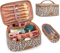 Montana West X Wrangler Travel Makeup Bag 2pcs Set Large Cosmetic Bag with Makeup Brush Holder Portable Make Up Organizer Cute Toiletry Bag with Divider and Handle for Women Leopard