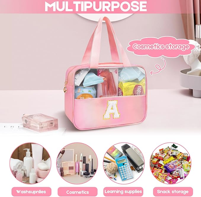 Personalized Initial Clear Makeup Bag Pink Cosmetic Bag Set Large Travel Toiletry Bag, Cute Clear Make Up Bags Organizer Bag for Girlfriend Teacher Gifts Teen Girl Gifts Trendy Stuff K (Pink)