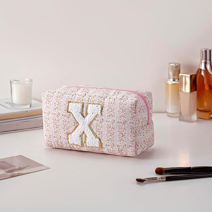JOVAKIT Alphabet Makeup Bag Cosmetic Bag for Women, Christmas Gifts for Girls Age 6-18, Floral Flowers Coquette Travel Toiletry Zipper Make Up Pouch Organizer Trendy Stuff (Pink Floral X)