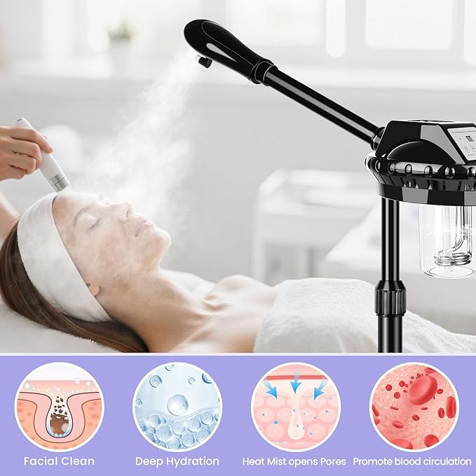 Facial Steamer, Poressional Facial Steamer on Wheels with Timer Function, Ozone Face Steamer for Spa, Salon and at Home Use