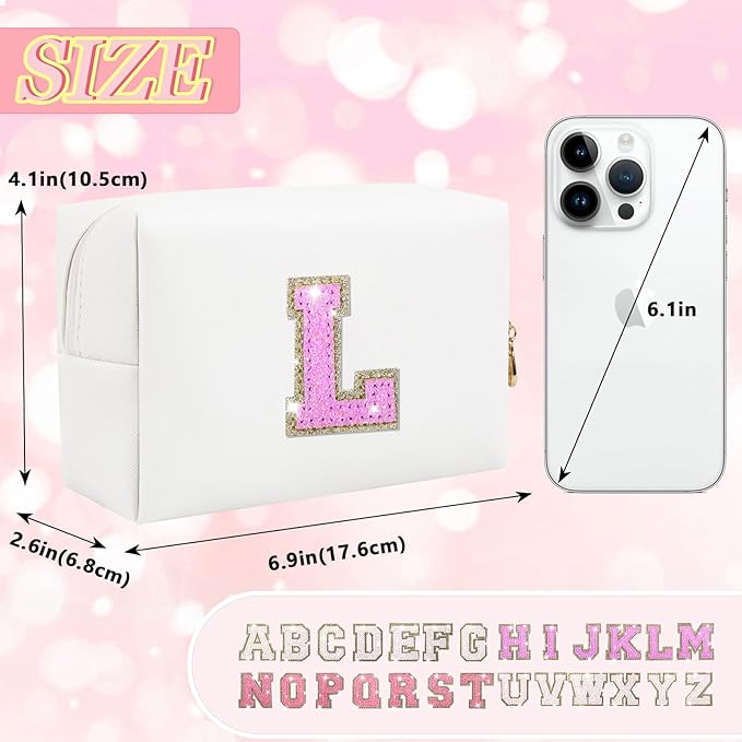 Initial Letter Patch Makeup Bag, Small Preppy A-Z Glitter Letter Cosmetic Bag, PU Leather Waterproof Travel Toiletry Bag, Cute Make Up Pouch Personalized Monogrammed Gift for Women Teen Girls