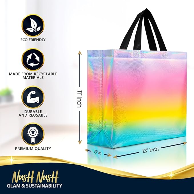 Nush Nush Large Fantasy Pastel Gift Bags – Set of 12 Reusable Rainbow Gift Bags With Handles – Colorful Goodie Bag for Kids, Birthday Party Favors, Christmas, Parties and Events, Holiday -13x5x11